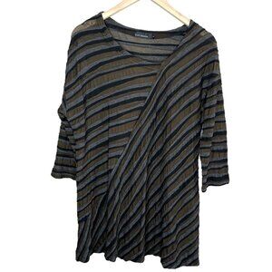 Cut Loose Womens Lagenlook Striped Asymmetrical Brown & Gray Tunic Top Large
